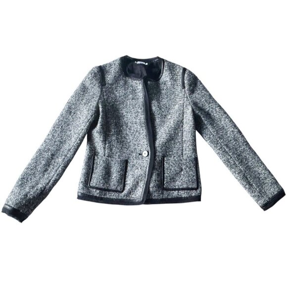 Vince Women’s Sz 4 Grey Tweed Boucle Button Jacket with Black Leather Trim - Picture 11 of 11